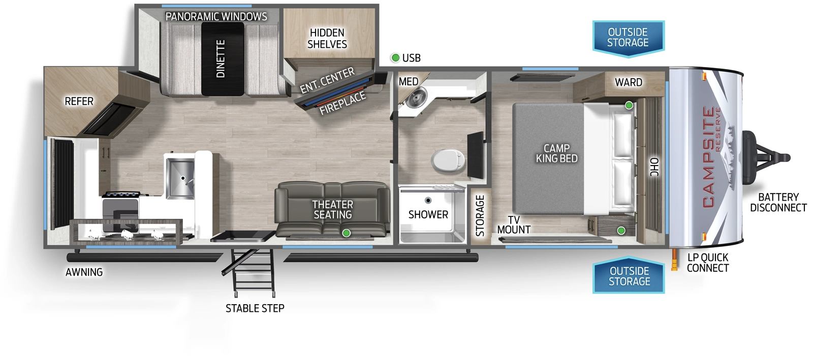 The Campsite Ultra 26TH floorplan has one entry and one slide out. Exterior features include: fiberglass exterior. Interiors features include: rear kitchen, front bedroom and pass through bathroom.