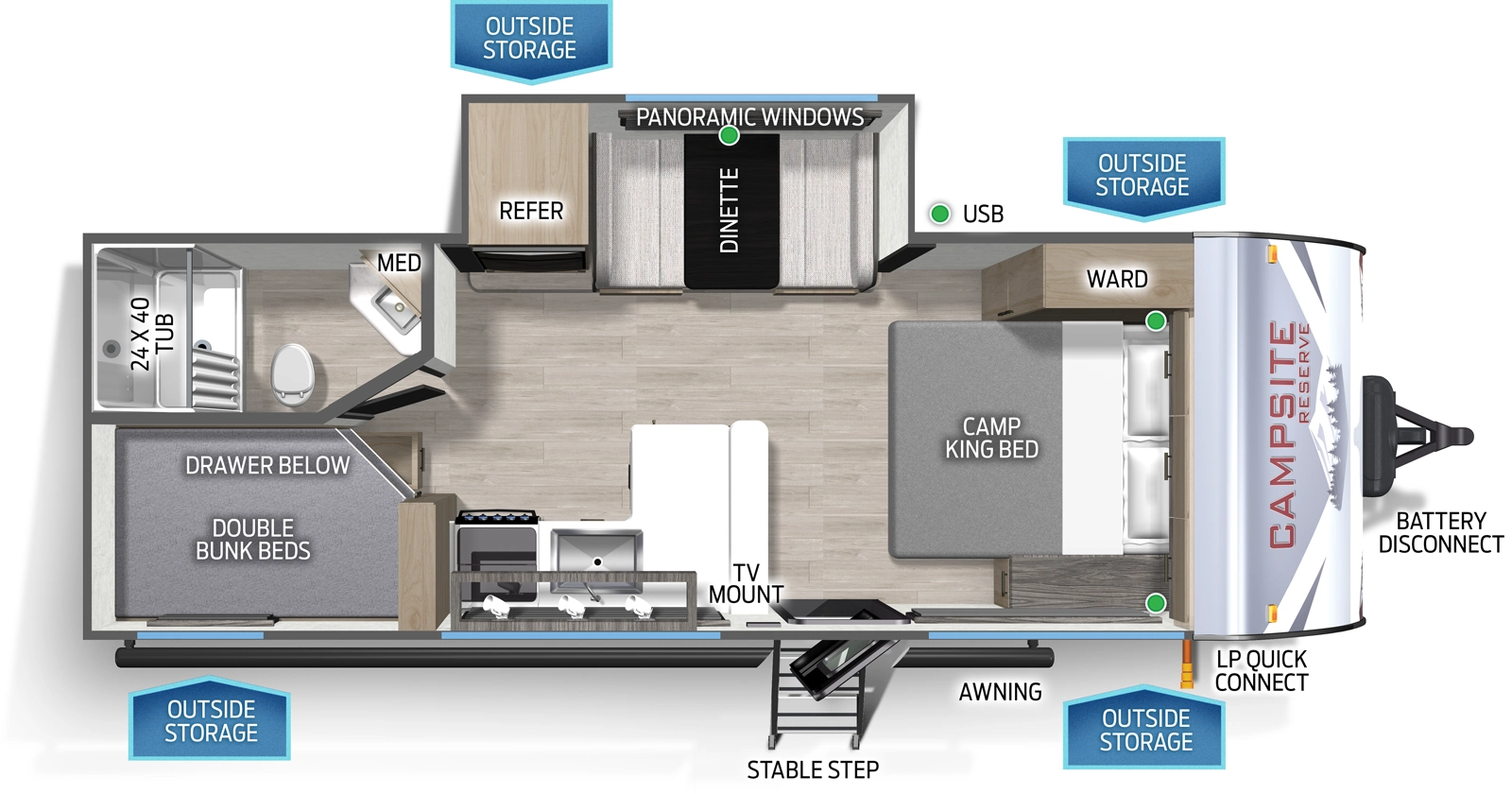 The Campsite Ultra 21DF floorplan has one entry and one slide out. Exterior features include: fiberglass exterior and 18' awning. Interiors features include: bunk beds and front bedroom.